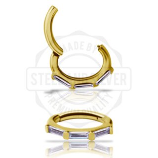 Jew. GOLD PVD Rook Oval Hinged Clicker 1.2x5x7mm w WH Zirconia Baguettes - OHCB02BG