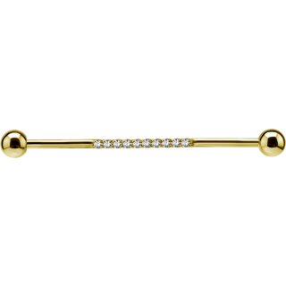 Gold External #01 1.6mm Steel Industrial Barbell w Cubic Zirconia Setting and balls