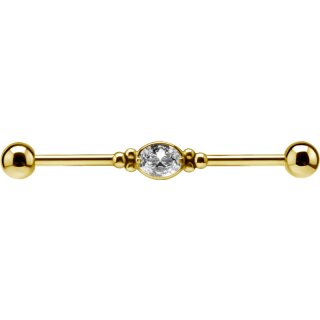 Gold External #04 1.6mm Steel Industrial Barbell w Cubic Zirconia Setting and balls - (as long as stocked)