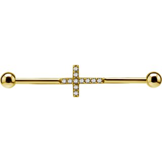 Gold External #03 Kreuz 1.6mm Stahl Industrial Barbell mit Cubic Zirconia Setting und Kugeln