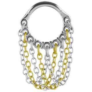 Gold PVD Steel Hinged Ring Clicker with Chain Dangles Gold/Steel-Mix